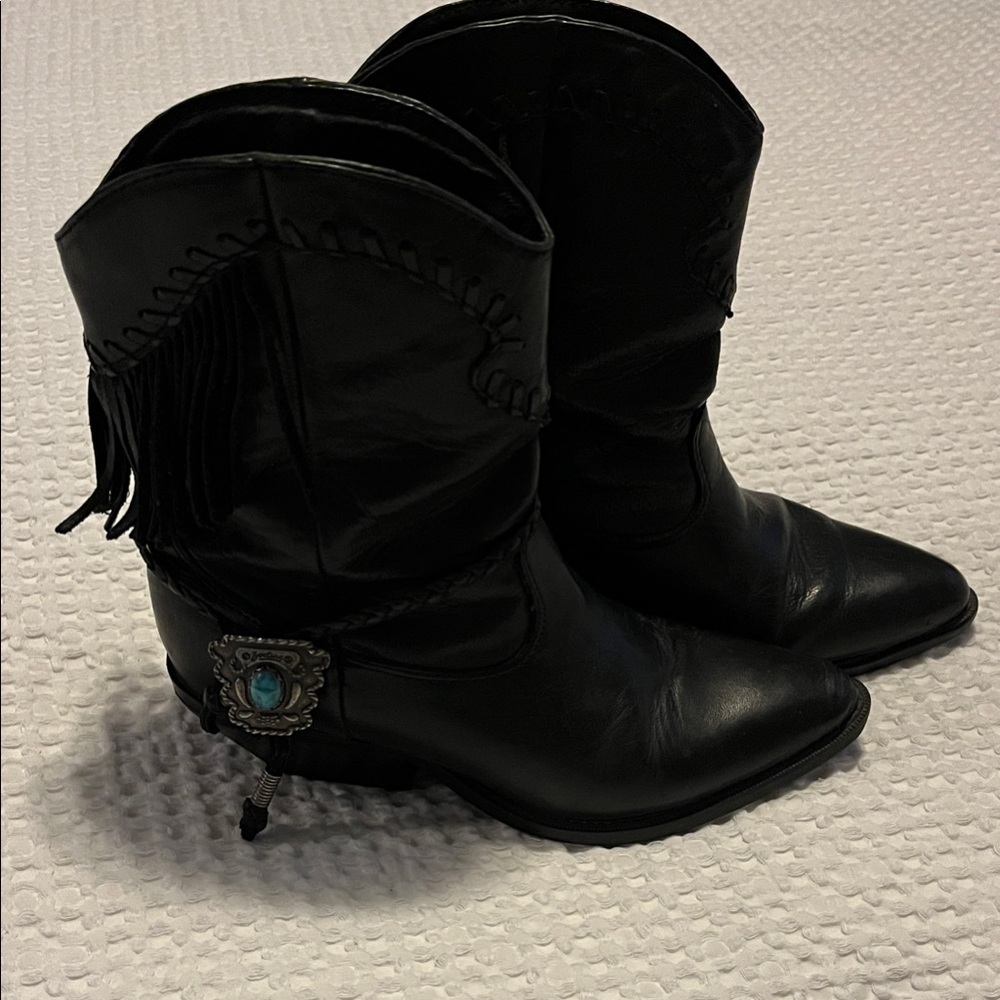 Black Western Fringe Boots with Turquoise Concho